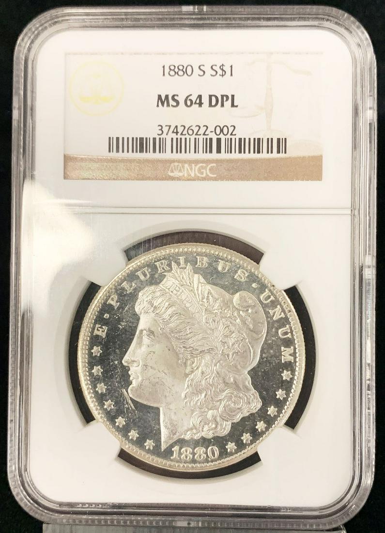 1880-S MORGAN SILVER DOLLAR MS64 DPL NGC: OUR OLD FRIEND BOB HAS BEEN A CUSTOMER THROUGH MY COIN COMPANY FROM BACK SINCE THE OPENING OF OUR LOCATION AND GOING BACK WELL INTO THE LAST CENTURY. BOB HAS ASSEMBLED A COMPLETE MORGAN SILVER DOLLAR
