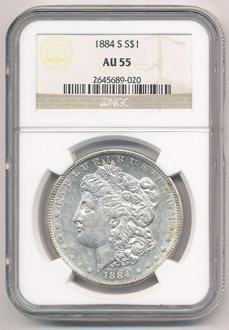 1884-S MORGAN SILVER DOLLAR NGC AU55: OUR OLD FRIEND BOB HAS BEEN A CUSTOMER THROUGH MY COIN COMPANY FROM BACK SINCE THE OPENING OF OUR LOCATION AND GOING BACK WELL INTO THE LAST CENTURY. BOB HAS ASSEMBLED A COMPLETE MORGAN SILVER DOLLAR