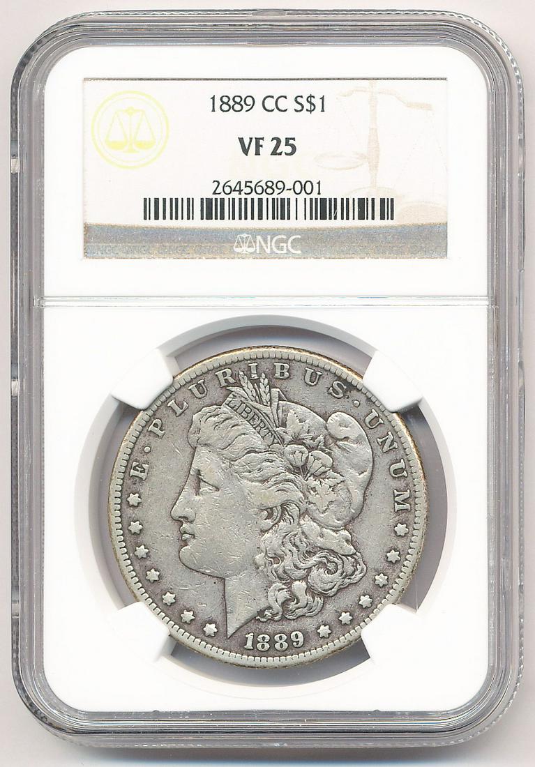 1889-CC VF25 NGC MORGAN SILVER DOLLAR: OUR OLD FRIEND BOB HAS BEEN A CUSTOMER THROUGH MY COIN COMPANY FROM BACK SINCE THE OPENING OF OUR LOCATION AND GOING BACK WELL INTO THE LAST CENTURY. BOB HAS ASSEMBLED A COMPLETE MORGAN SILVER DOLLAR