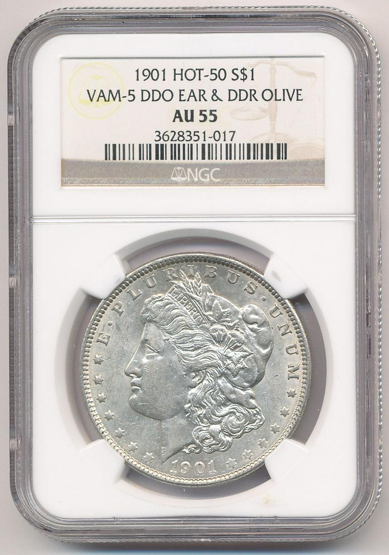 1901 HOT-50 VAM-5 DDO EAR&DDR OLIVE NGC AU55: 1901 HOT-50 VAM-5 DDO EAR&DDR OLIVE NGC AU55 MORGAN SILVER DOLLAR OUR OLD FRIEND BOB HAS BEEN A CUSTOMER THROUGH MY COIN COMPANY FROM BACK SINCE THE OPENING OF OUR LOCATION AND GOING BACK WELL INTO TH