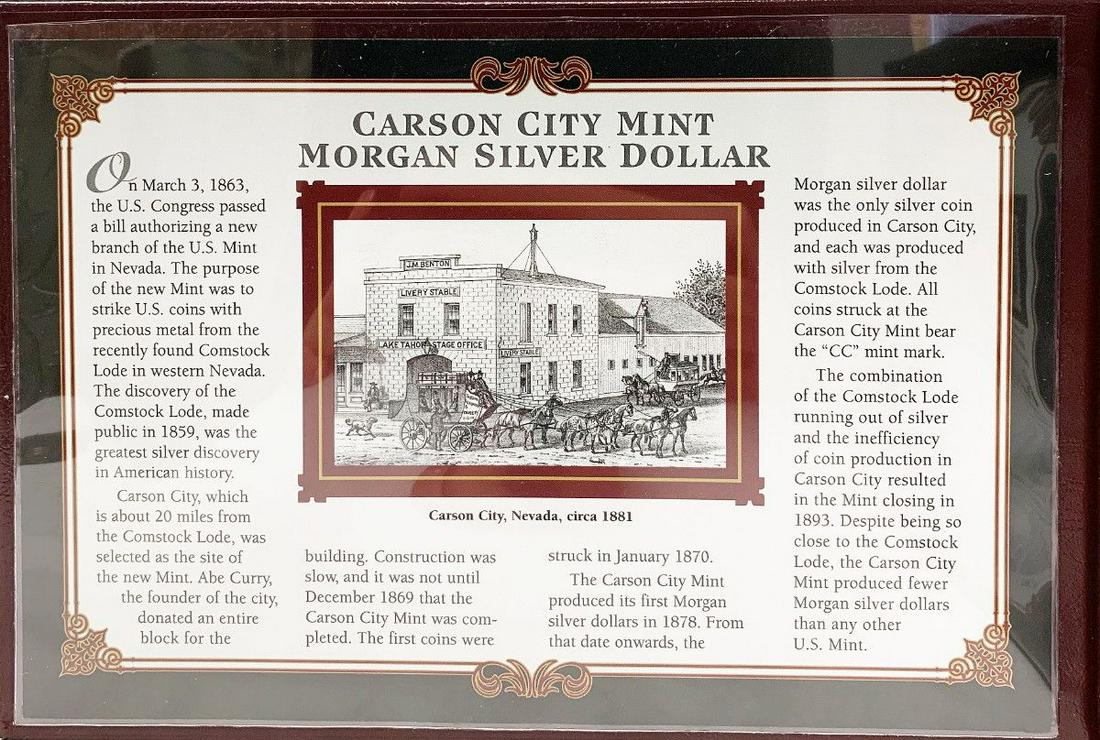 HISTORICAL PACKAGING OF CARSON CITY SILVER DOLLAR: PLEASE BUYER BEWARE THAT THIS PACKAGING WAS RIPPED AND TAPED BY OUR DATA ENTRY DEPARTMENT. WINNER SHALL RECEIVE THE EXACT COIN SHOWN HERE