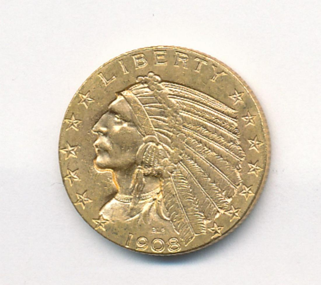 1908-D $5 INDIAN GOLD AU55: ATTENTION: THIS LOT MAY END UP BEING MOVED TO OUR WEDNESDAY BIG TICKET SALE AT NOON... CHECK IT OUT!! WINNER SHALL RECEIVE THE EXACT COIN SHOWN HERE