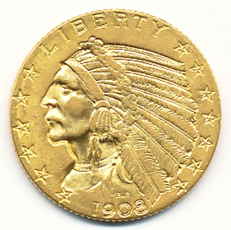 1908-P $5 INDIAN GOLD MS62: ATTENTION: THIS LOT MAY END UP BEING MOVED TO OUR WEDNESDAY "BIG TICKET" SALE AT NOON... CHECK IT OUT!! WINNER SHALL RECEIVE THE EXACT 1908-P $5 INDIAN GOLD COIN SHOWN HERE.