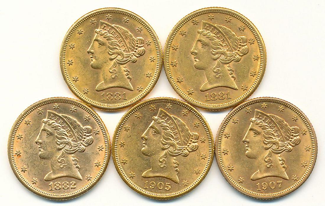 LOT OF (5) $5 LIBERTY GOLD ALL MINT CONDITION: ATTENTION: THIS LOT MAY END UP BEING MOVED TO OUR WEDNESDAY "BIG TICKET" SALE AT NOON... CHECK IT OUT!! A NICE, FRESH GROUP - WINNER SHALL RECEIVE THE EXACT (5) FIVE GOLD COINS SHOWN HERE: - 1881-S - 