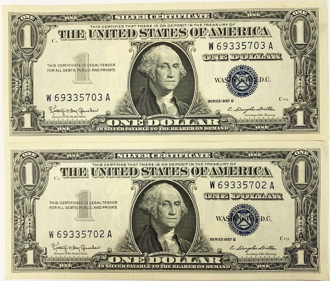 PAIR OF CU 1957-B SILVER CERTIFICATES: CONSECUTIVE CERIAL NUMBERS WINNER SHALL RECEIVE THE EXACT TWO ITEMS SHOWN HERE