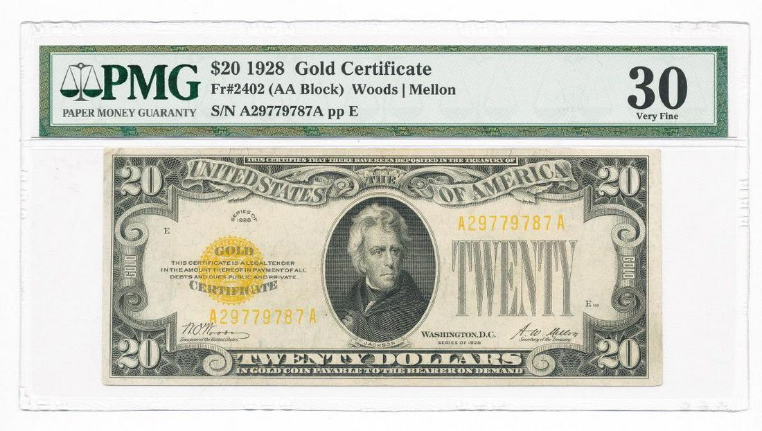 1928 $20 GOLD CERTIFICATE PMG VF 30: WINNER SHALL RECEIVE THE EXACT ITEM SHOWN HERE