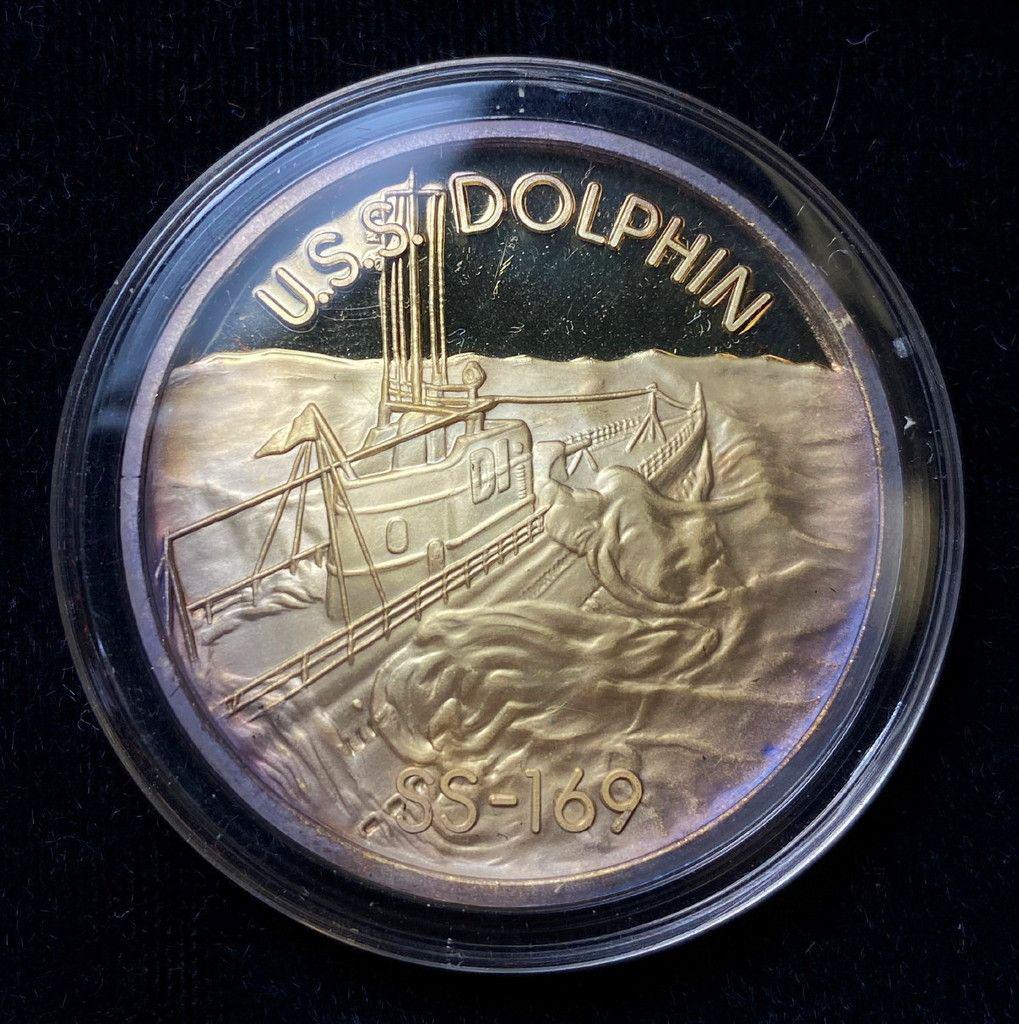 U.S.S. DOLPHIN 1 OZ. FINE SILVER 24K GOLD LAYERED: (1) ONLY U.S.S. DOLPHIN 1 OUNCE FINE SILVER PURE 24 KARAT GOLD LAYERED IF ONE OF YOU WIN 15 OR MORE OF THESE THEN YOU WILL GET THE CASE. THIS IS PROBABLY 1970'S HAMILTON MINT. SOME OF THE COLORATION I