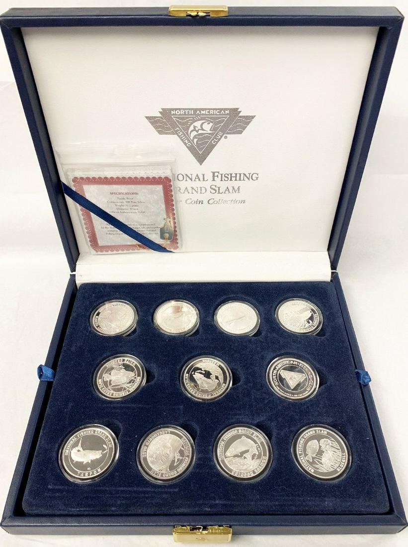 (1 ONLY) FISHING 1 OZ .999 SILVER MUSKELLUNGE: WE ARE AUCTIONING OFF (23) 1 OZ SILVER ROUNDS AS INDIVIDUAL LOTS. EACH ROUND COMES WITH THE PAPERS INCAPSULATED.IT'S A BEAUTIFUL PROOF FINISH. IF ONE OF YOU WIN (12) OF THESE, WE WILL ALSO INCLUDE THE