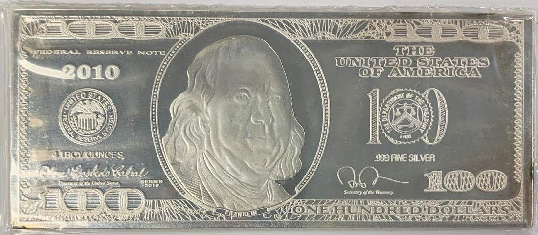 $100 DOLLARS 4 TROY OZ SILVER BAR: WINNER SHALL RECEIVE THE EXACT ITEM SHOWN HERE