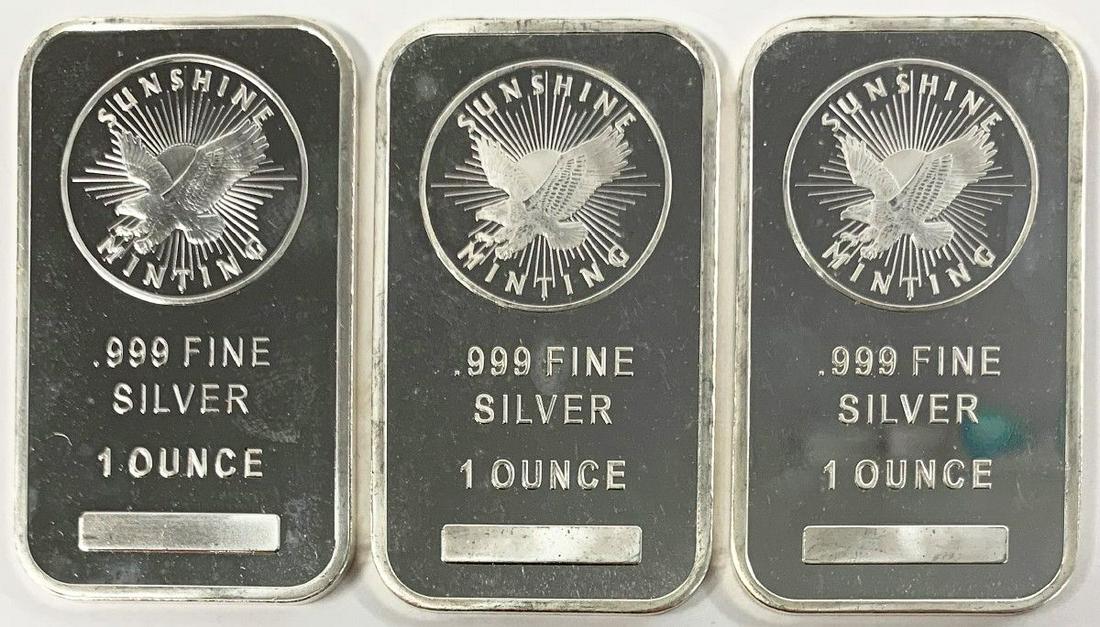 (3 OZ) SUNSHINE SILVER BARS: WINNER SHALL RECEIVE THE EXACT (3) 1 OZ .999 FINE SILVER BARS SHOWN HERE.