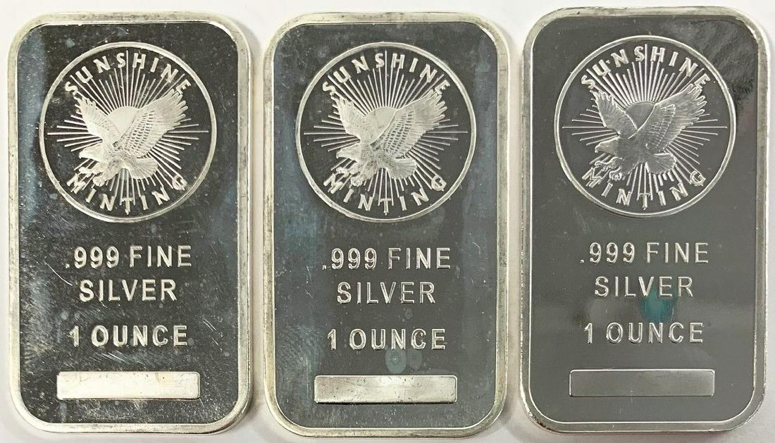 (3 OZ) SUNSHINE SILVER BARS: WINNER SHALL RECEIVE THE EXACT (3) 1 OZ .999 FINE SILVER BARS SHOWN HERE.