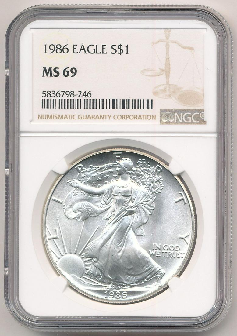 1986 NGC MS69 AMERICAN SILVER EAGLE: WINNER SHALL RECEIVE THE EXACT COIN SHOWN HERE