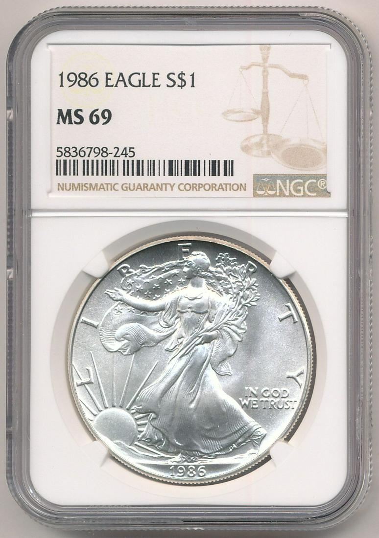 1986 NGC MS69 AMERICAN SILVER EAGLE: WINNER SHALL RECEIVE THE EXACT COIN SHOWN HERE