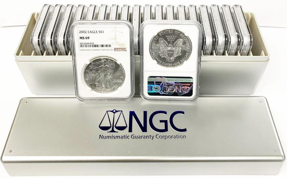(20) 2002 SILVER EAGLES NGC MS69 CONSECUTIVE # IN BOX: WINNER SHALL RECEIVE (20) 2002 AMERICAN SILVER EAGLES NGC MS 69, WITH CONSECUTIVE SERIAL NUMBERS IN NGC BOX, PRECISELY RESEMBLING THE COINS SHOWN HERE.