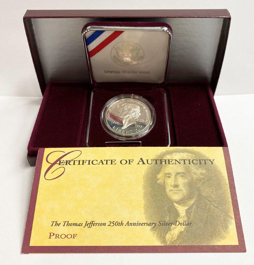 THOMAS JEFFERSON 250TH ANNIVERSARY US PROOF SILVER: WINNER SHALL RECEIVE THE EXACT COIN SHOWN HERE WITH ORIGINAL BOX AND PAPERS.