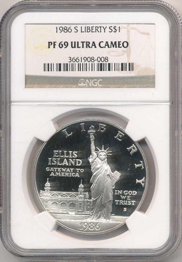 1986-S LIBERTY SILVER DOLLAR NGC PF69 ULTRA CAMEO: 1986-S STATUE OF LIBERTY SILVER DOLLAR NGC PF69 ULTRA CAMEO. WINNER SHALL RECEIVE THE EXACT COIN SHOWN HERE
