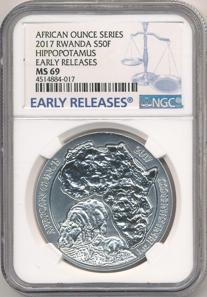 AFRICAN OZ 2017 RWANDA SILVER 50F HIPPO E.R. NGC MS69: AFRICAN OUNCE 2017 RWANDA SILVER 50F HIPPOPOTAMUS EARLY RELEASES MS69WINNER SHALL RECEIVE THE EXACT COIN SHOWN HERE