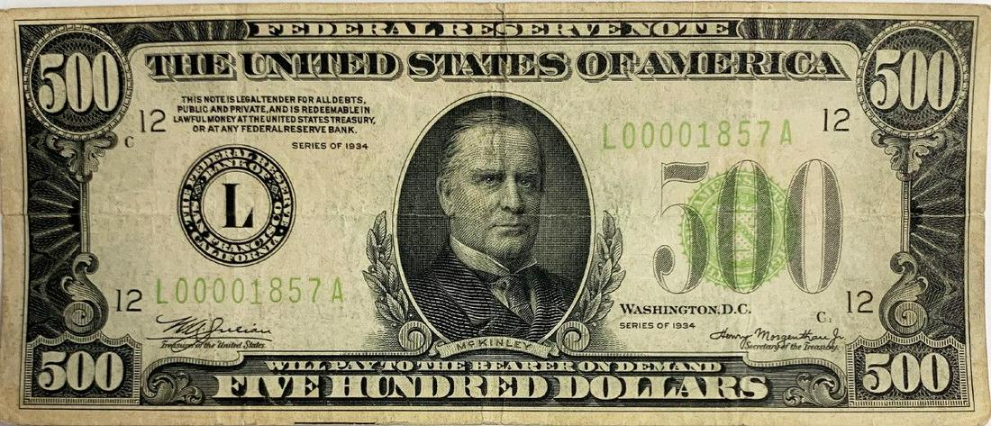 1934 SERIES L $500 SERIAL #L00001857A: MINOR MINT ERROR-BY BORDER OF THE CONSIGNOR, THIS NOTE IS NOT TO BE GRADED.DOWN BELOW THE MARGIN, BETWEEN THE "E" OF FIVE AND THE "V" OF HUNDRED IS AN INK LINE;WE WOULD APPRECIATE HEARING FROM OUR EXP