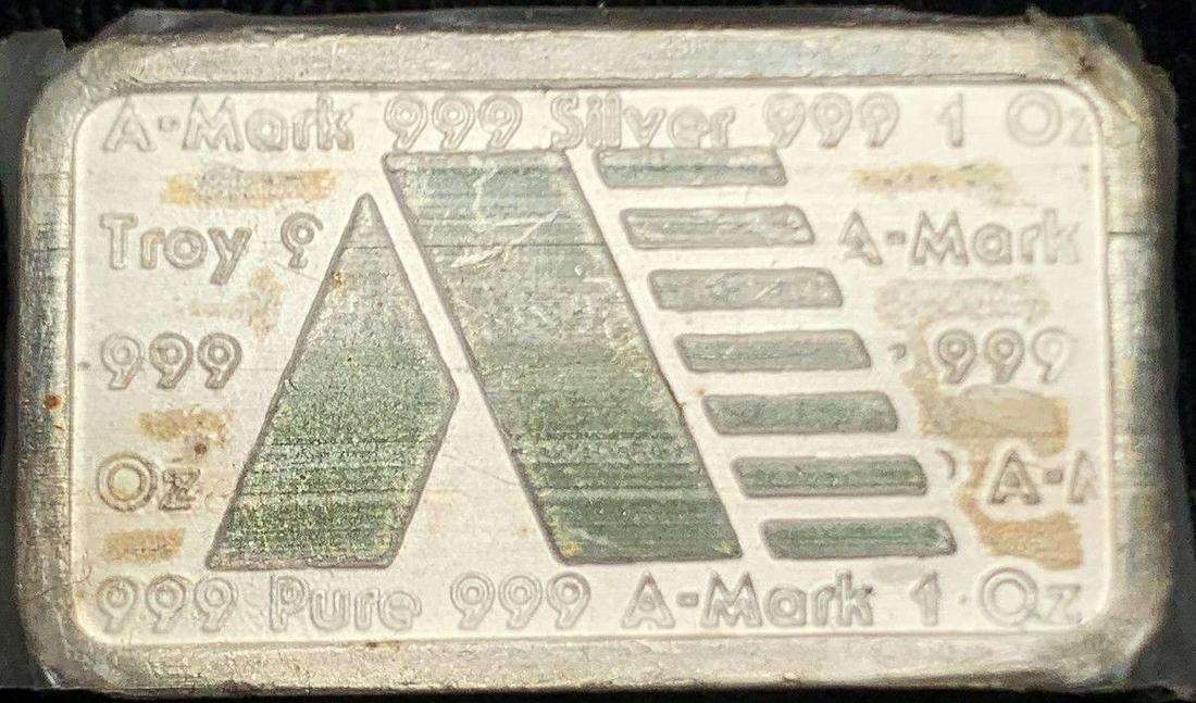 VINTAGE A-MARK 1 OUNCE SILVER BAR WITH TAPE: WINNER SHALL RECEIVE THE EXACT SILVER BAR SHOWN HERE
