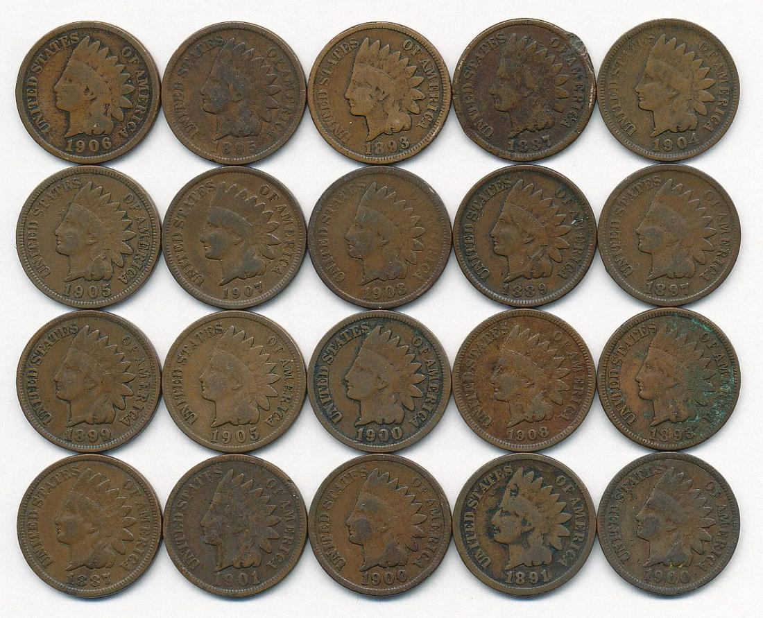 ROLL (20) INDIAN HEAD CENTS (1887-1908) (1 of 6)