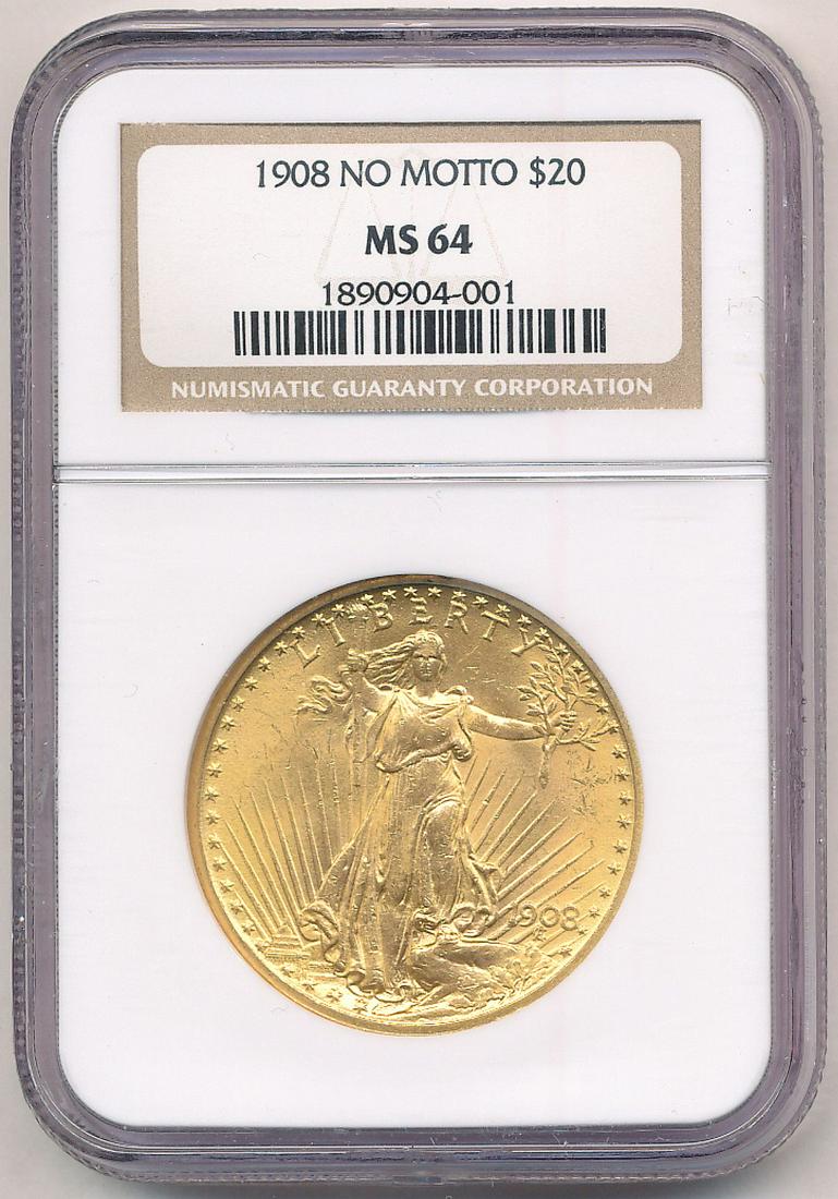 1908 $20 GOLD ST.GAUDENS NO MOTTO NGC MS64 (1 of 2)