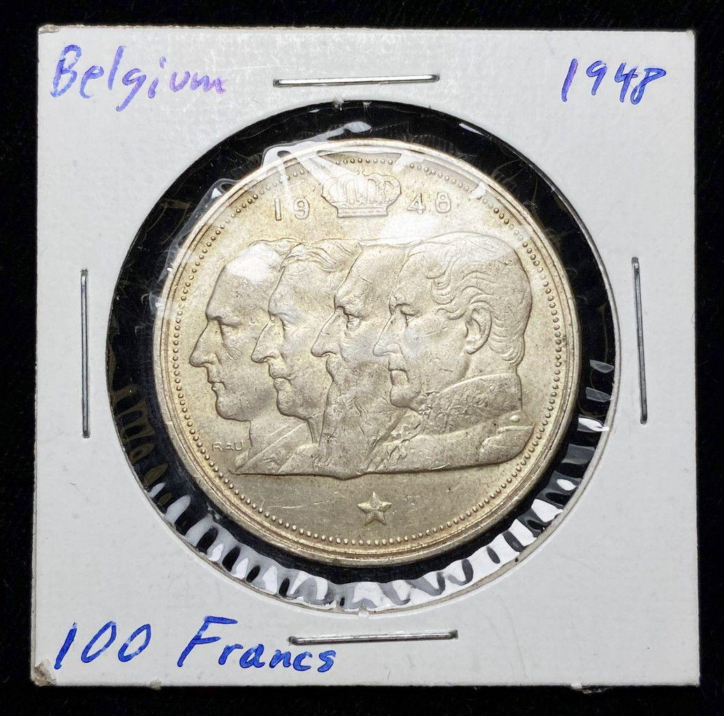 1948 Belgium 100 Francs Silver Coin: Winner shall receive the exact coin shown here.