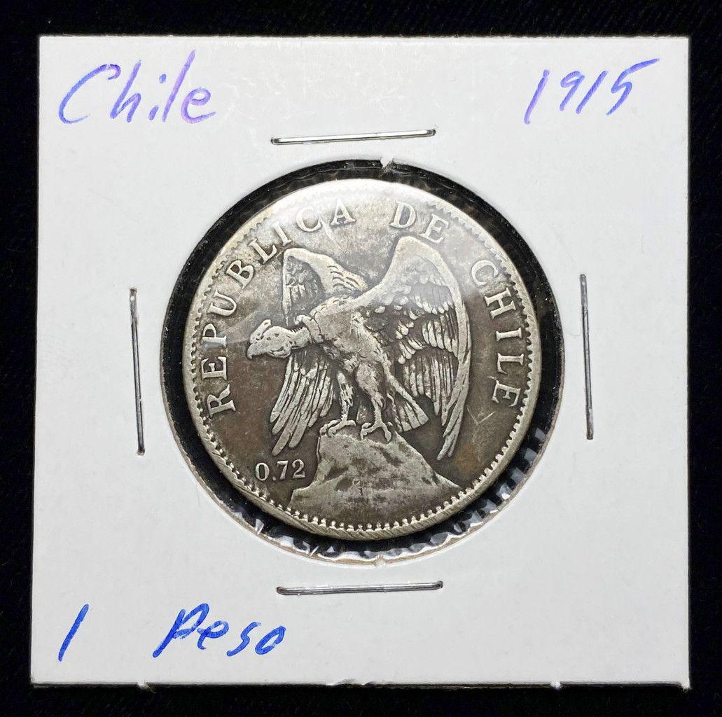 1915 Chile 1 Peso Silver Coin: Winner shall receive the exact coin shown here.