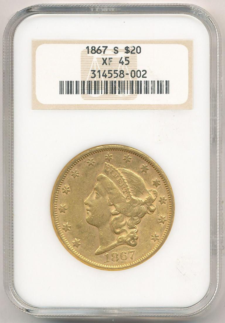 Rare Date 1867-S $20 Liberty Gold Old NGC XF45: Winner shall receive the exact coin shown here