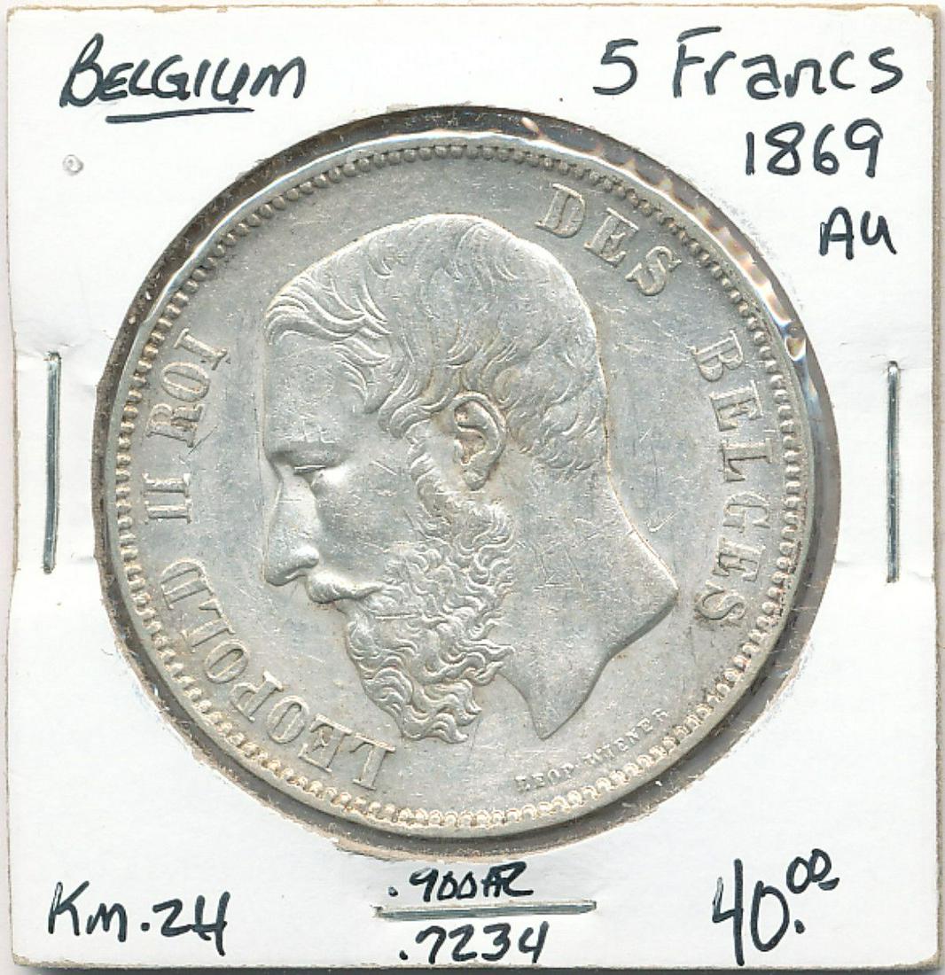 Belgium 5 Franks 1869 90% Silver: Winner shall receive the exact coin shown here