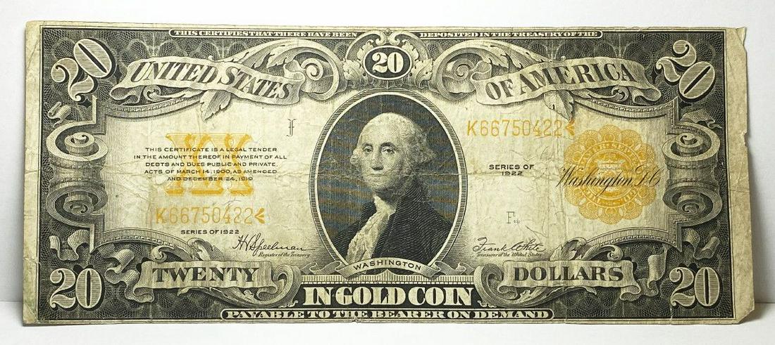 Large Sized 1922 Gold Certificate: Winner shall receive the exact item shown here.