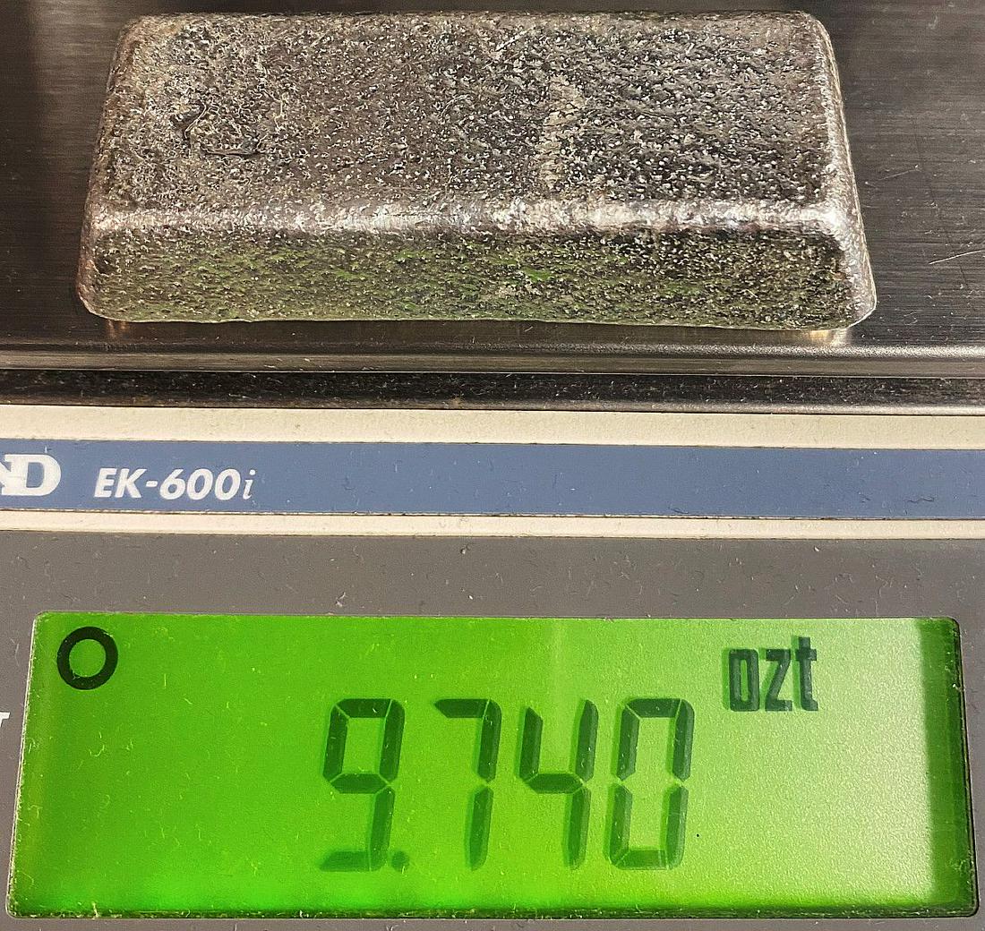 98.82% Fine Silver Vintage Unknown Mine Bar 1954 9.74oz: 98.82% Fine Silver, Vintage Mine Bar (unknown mine 1954) 9.76oz.We have sent a sample bar from this group shown here in for testing and the results are in! Dillon Gage refinery has issued a report cer