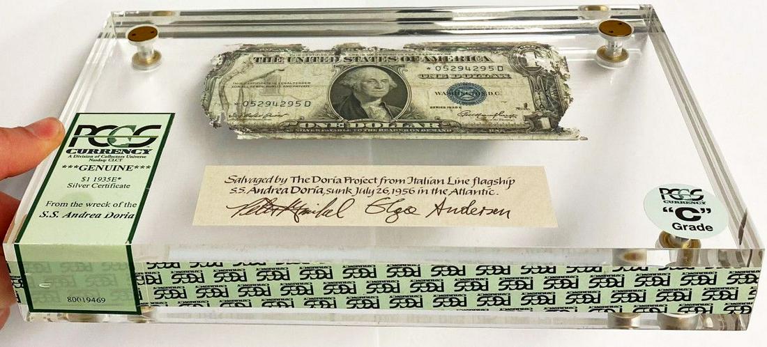 Shipwreck Currency PCGS Certified with Cert./ DVD: Winner shall receive the exact item shown here.EXTREMELY RARE PCGS SHIPWRECK CERTIFIED CURRENCYOn the dark night of July 25, 1956, maritime destiny had her way with the SS Andrea Doria off the coast o