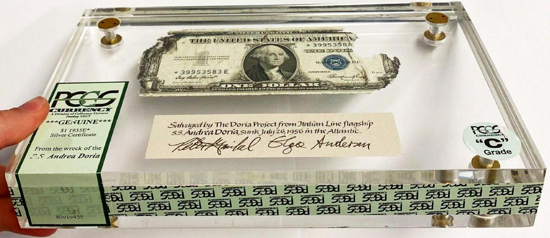 Shipwreck Currency PCGS Certified with Cert./ DVD: Winner shall receive the exact item shown here.EXTREMELY RARE PCGS SHIPWRECK CERTIFIED CURRENCYOn the dark night of July 25, 1956, maritime destiny had her way with the SS Andrea Doria off the coast o