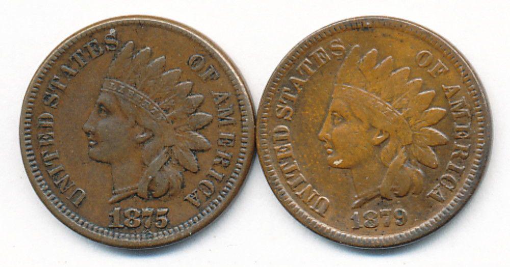 (2) Indian Head Cents 1875-1879: (1) 1875 Indian Head Cent XF(1) 1879 Indian Head Cent VF. Winner shall receive the exact (2) coins shown here.