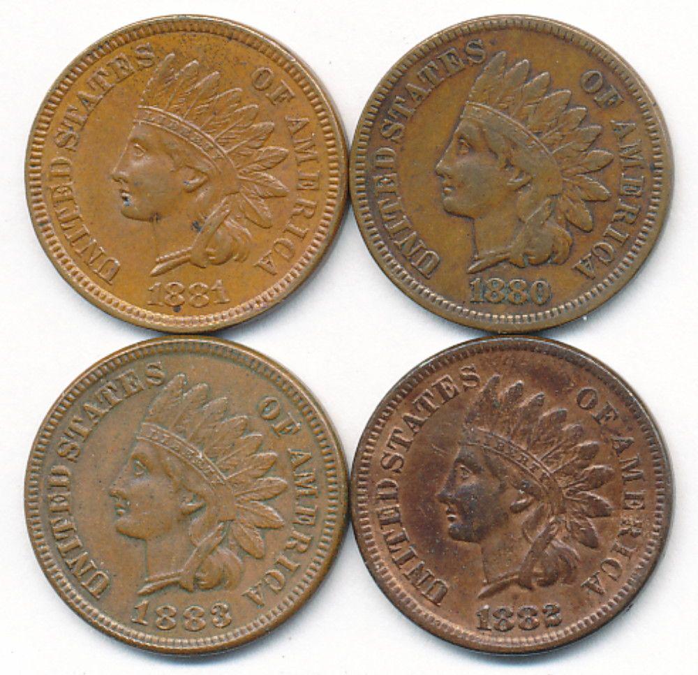 (4) Indian Head Cents 1880-1883: (1) 1880 Indian Head Cent(1) 1881 Indian Head Cent AU58(1) 1882 Indian Head Cent AU(1) 1883 Indian Head Cent MS62. Winner shall receive the exact (4) coins shown here.