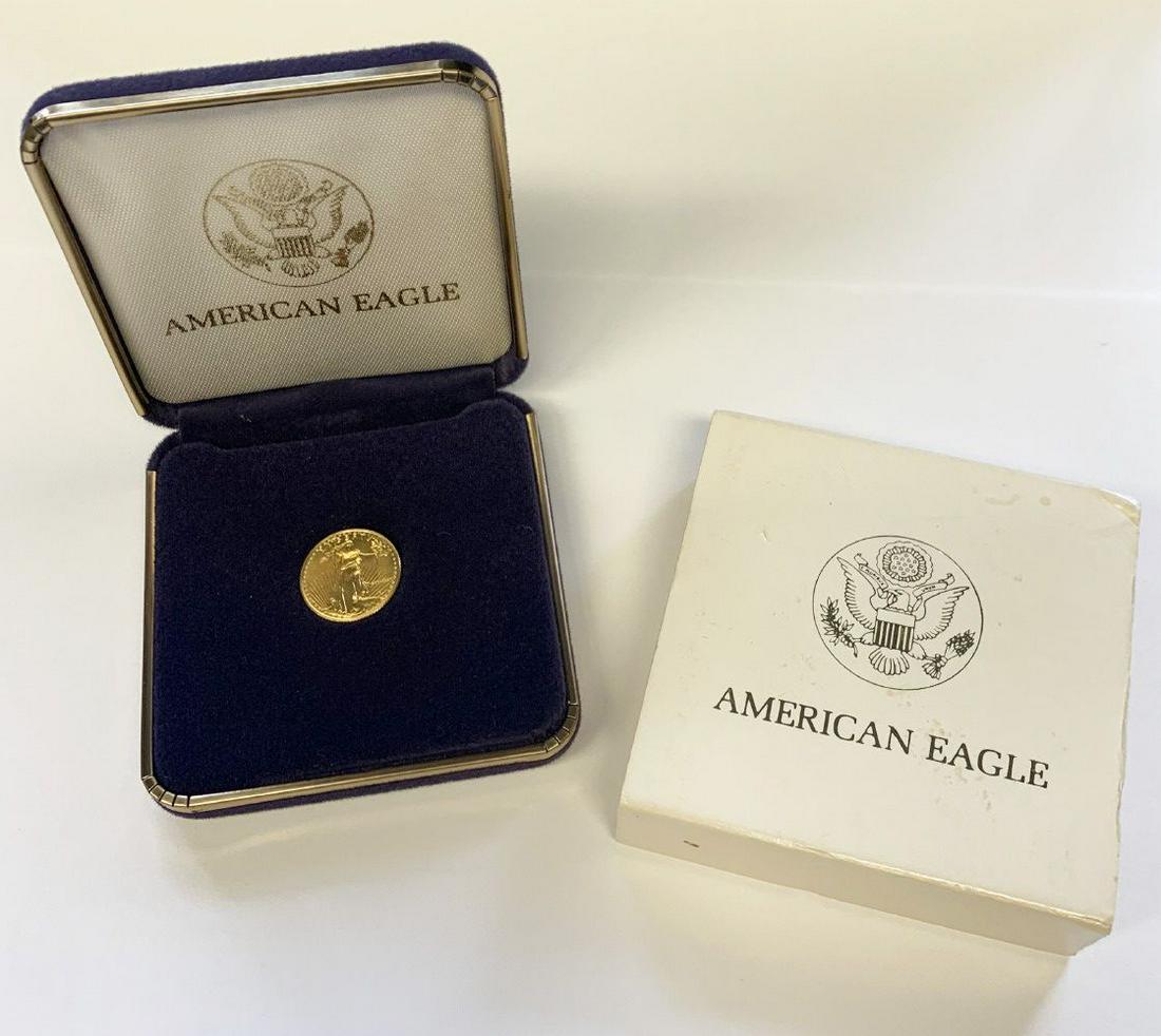 1986 $5 American Gold Eagle 1/10th oz in Box: Winner shall receive the exact coin in velvet box shown here.