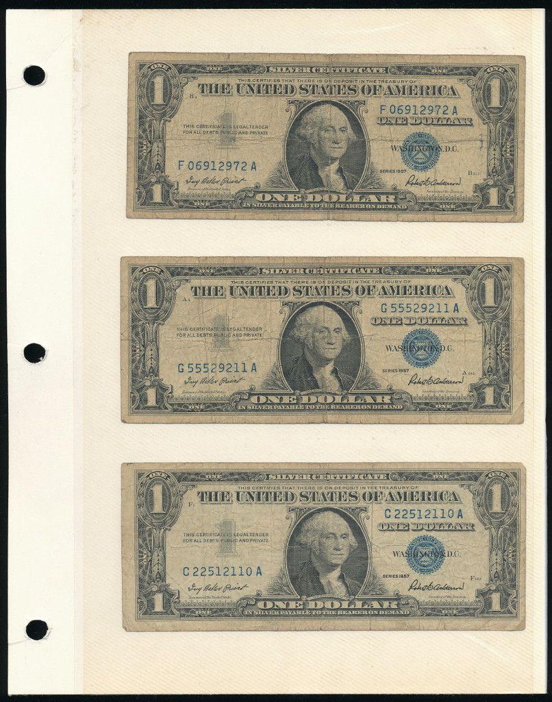 (6) Rare Silver Certificates (1957): Winner shall receive this collectors page (double sided insert) and the exact (6) notes shown here.