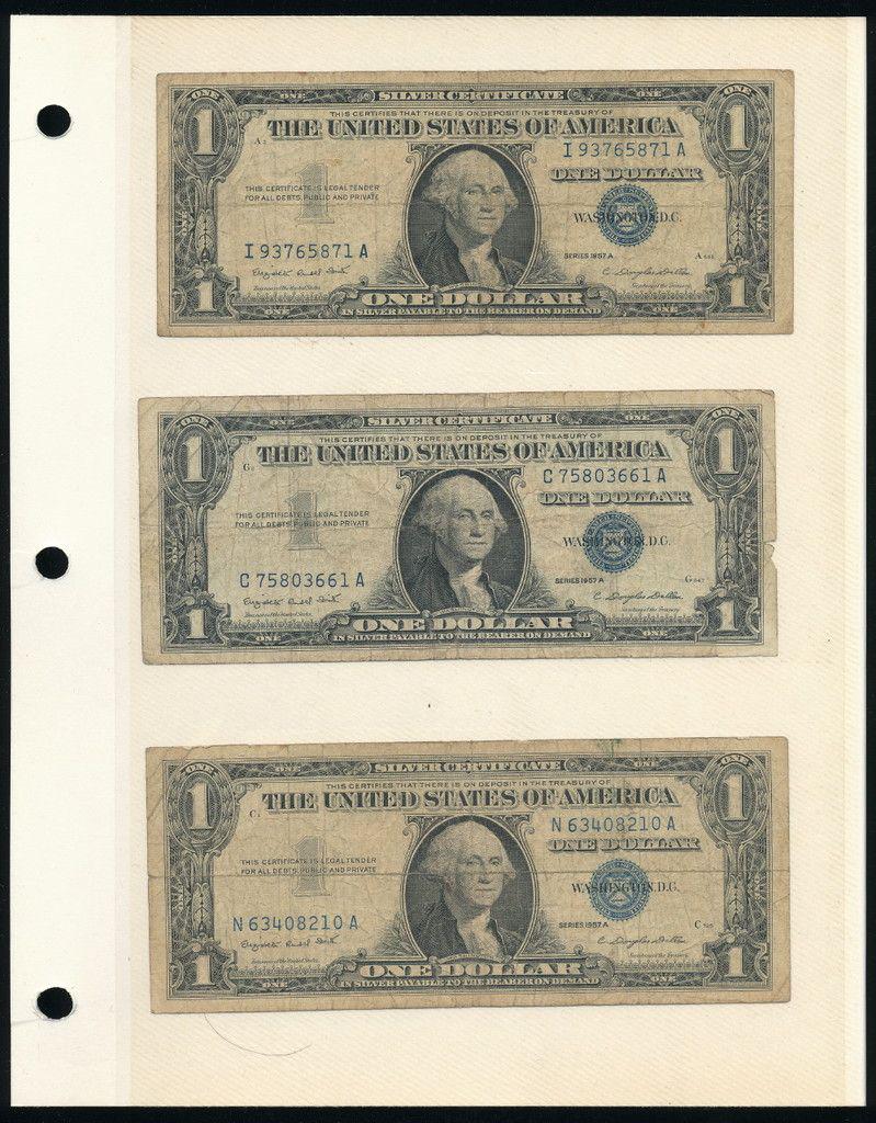 (6) Rare Silver Certificates (1957): Winner shall receive this collectors page (double sided insert) and the exact (6) notes shown here.