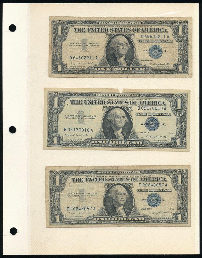 (6) Rare Silver Certificates (1957): Winner shall receive this collectors page (double sided insert) and the exact (6) notes shown here.