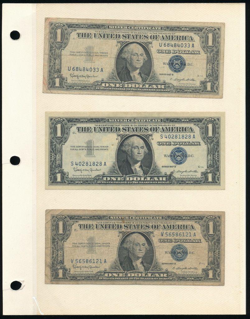 (6) Rare Silver Certificates (1957): Winner shall receive this collectors page (double sided insert) and the exact (6) notes shown here.