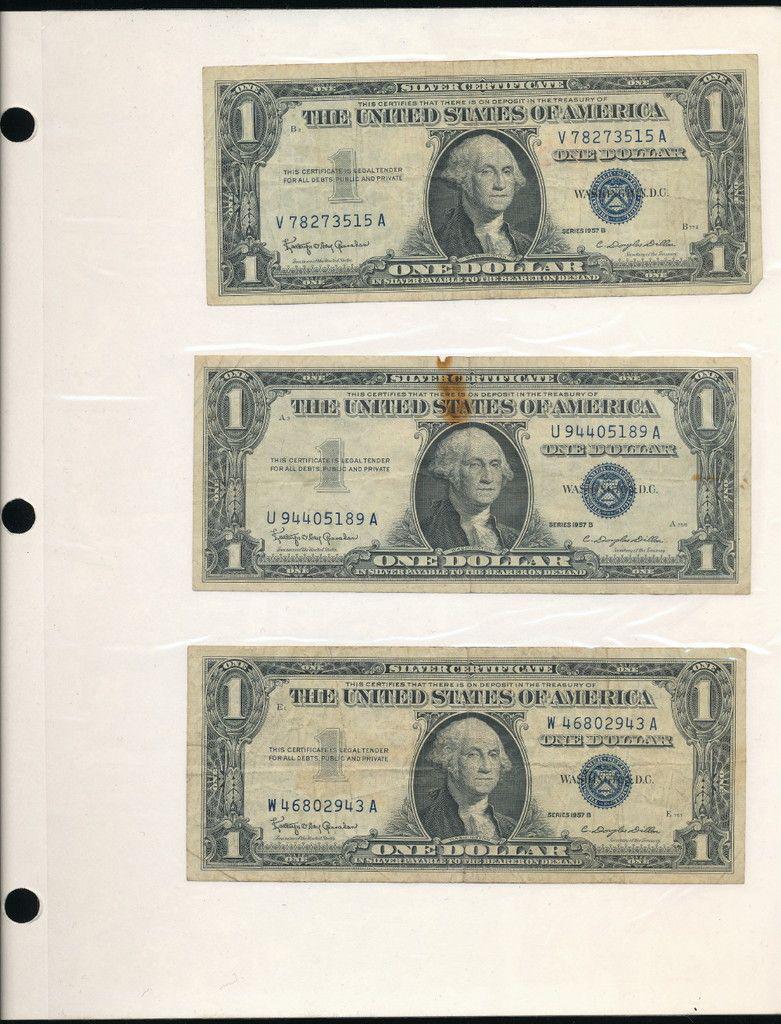 (6) Rare Silver Certificates (1957): Winner shall receive this collectors page (double sided insert) and the exact (6) notes shown here.
