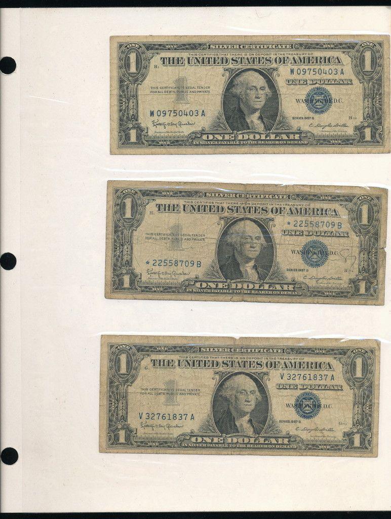 (6) Rare Silver Certificates (1957): Winner shall receive this collectors page (double sided insert) and the exact (6) notes shown here.