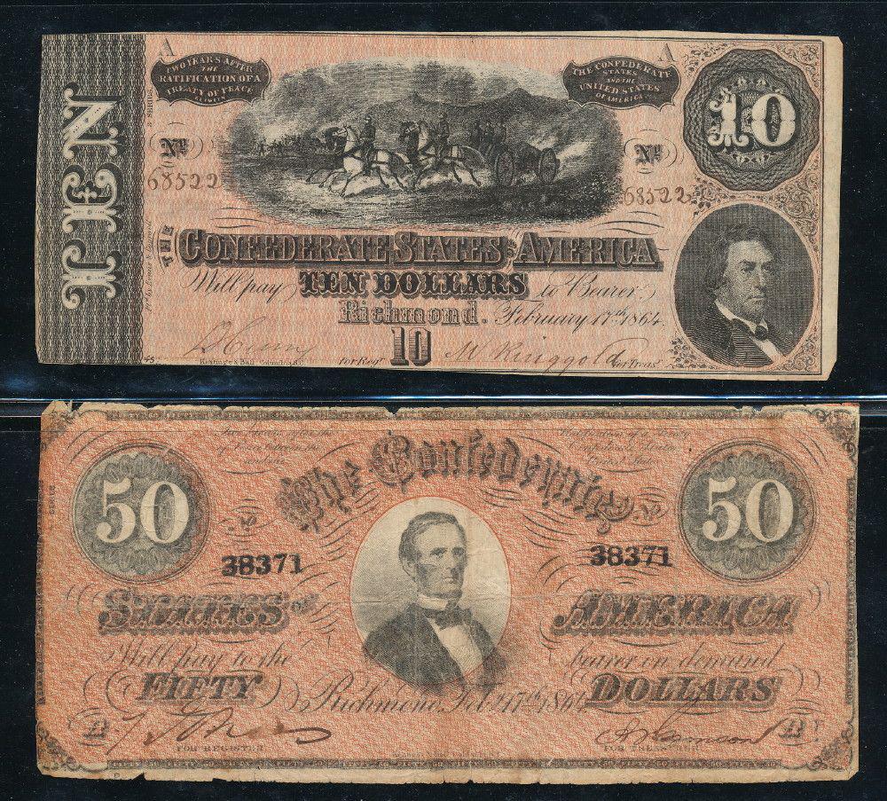 (2) Rare Large Sized Confederate Currency: We have had an expert examine these notes and they are authentic confederate pieces.Winner shall receive the exact (2) notes shown here.