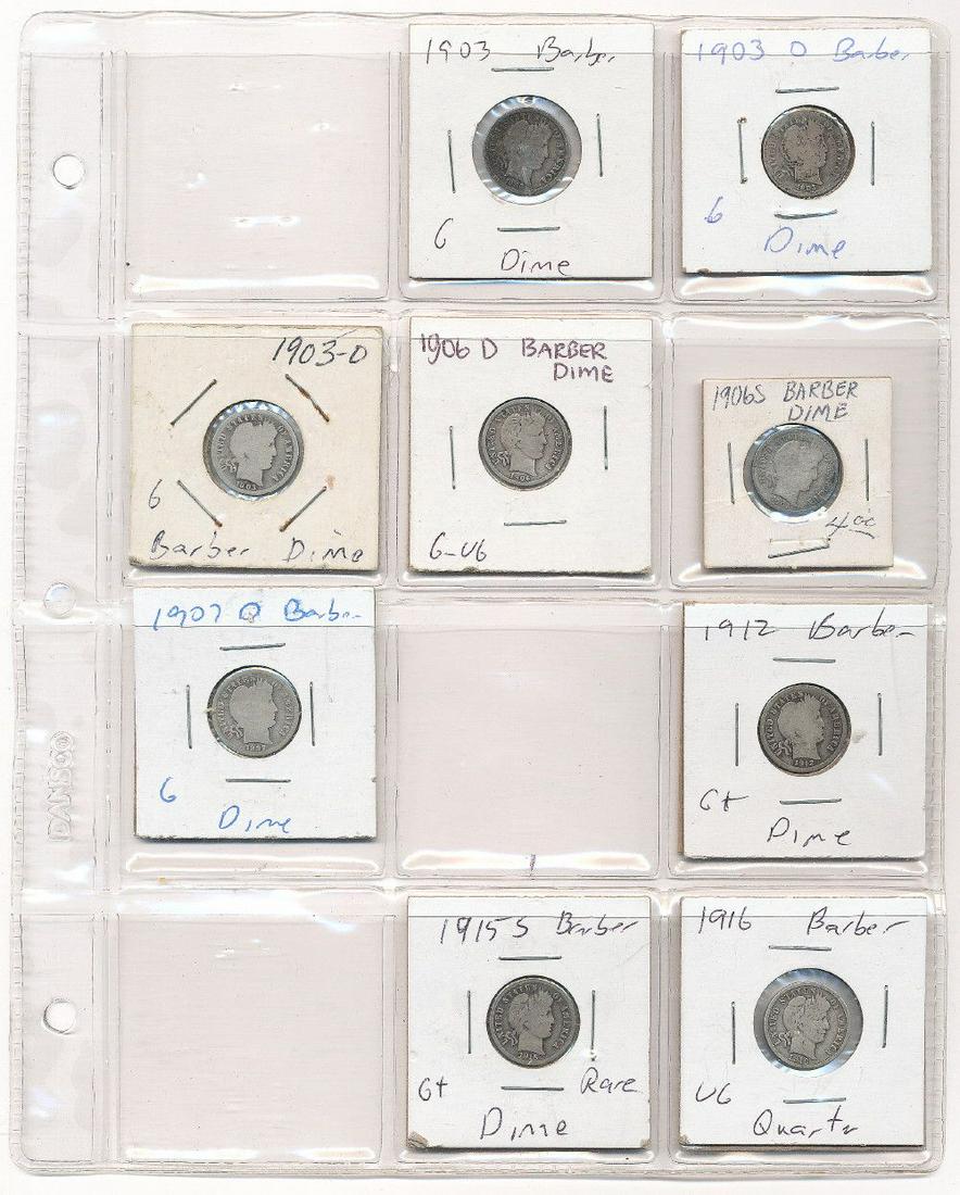 Barber Silver Dime Collection 1903-1916 (9 coins): Winner shall receive the exact (9) coins shown here.