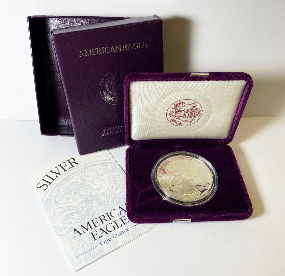Proof 69 1995 American Silver Eagle OGP: Winner shall receive the exact coin with box and certificate of authenticity shown here.