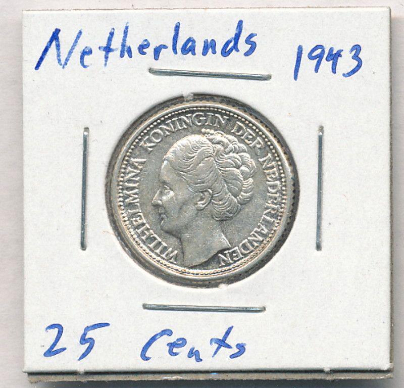 1943 Netherlands .64% Silver 25 Cent Coin: Winner shall receive the exact coin shown here.