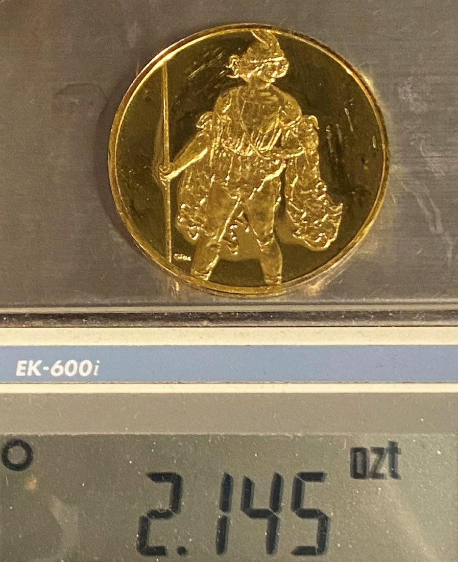 "Youth With a Lance" Huge Sterling Golden Silver Medal: This is a silver sterling medal plated with 24 karat gold. The diameter of this coin is measured to be exactly 2 inches.Winner shall receive the exact coin shown here.