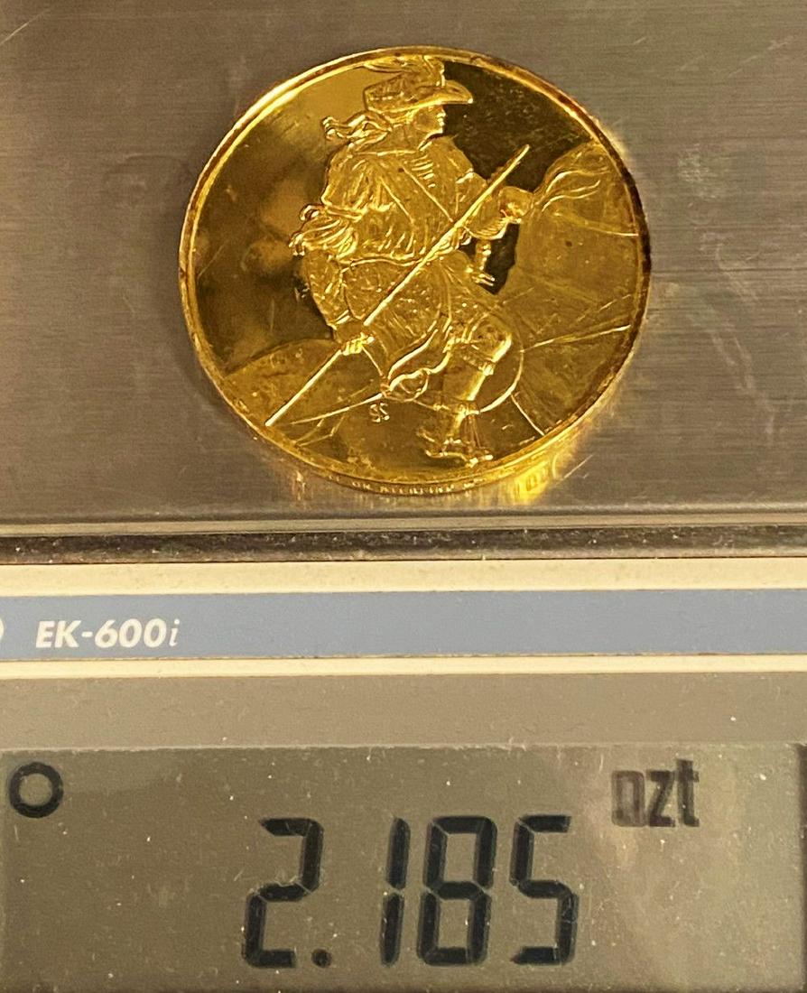 Man on Horseback Huge Sterling Golden Silver Medal: "Young Man on Horseback," HUGE sterling golden silver medal.This is a silver sterling medal plated with 24 karat gold. The diameter of this coin is measured to be exactly 2 inches.Winner shall receive