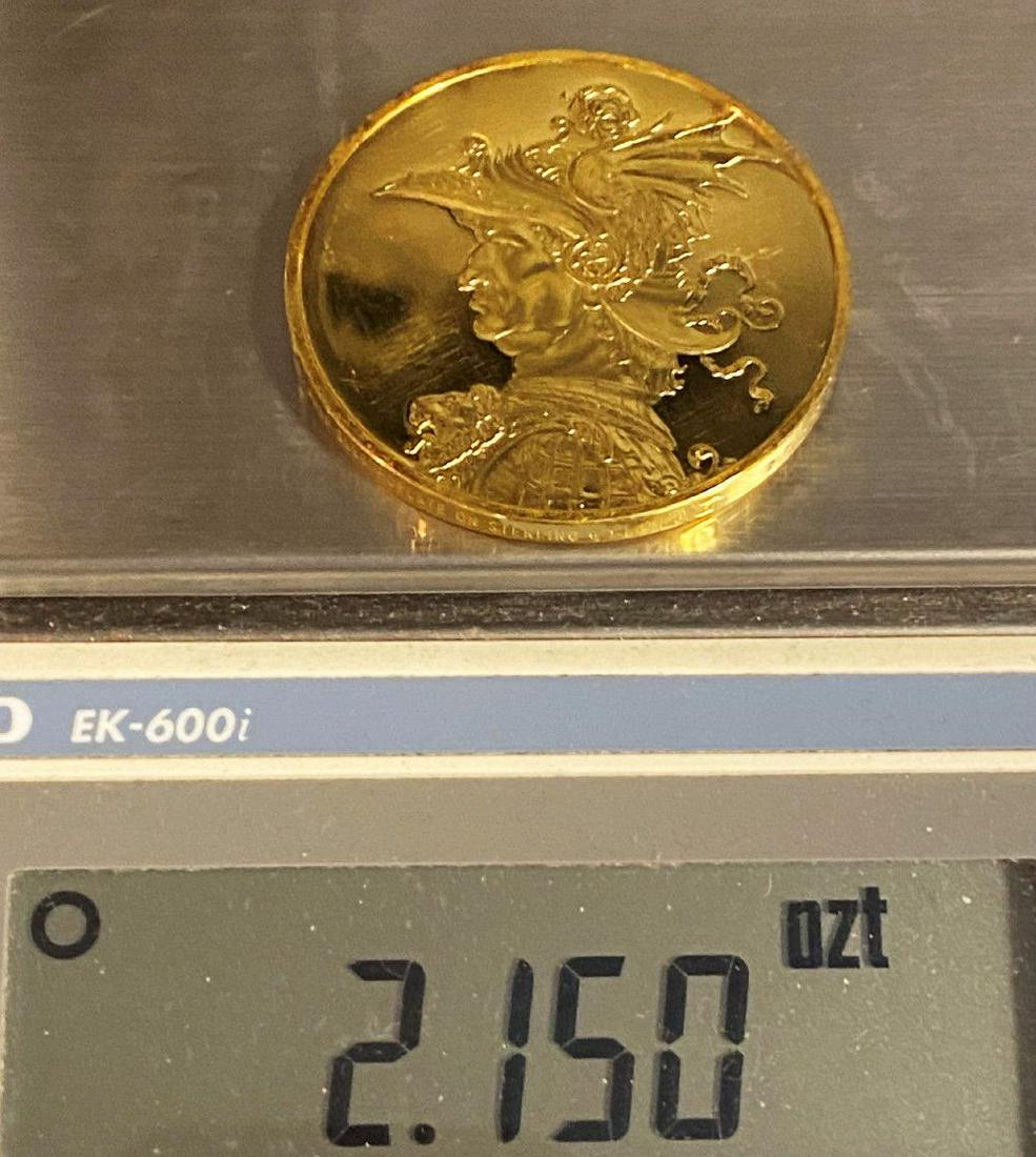 "An Antique Warrior" Huge Sterling Golden Silver Medal: This is a silver sterling medal plated with 24 karat gold. The diameter of this coin is measured to be exactly 2 inches.Winner shall receive the exact coin shown here.