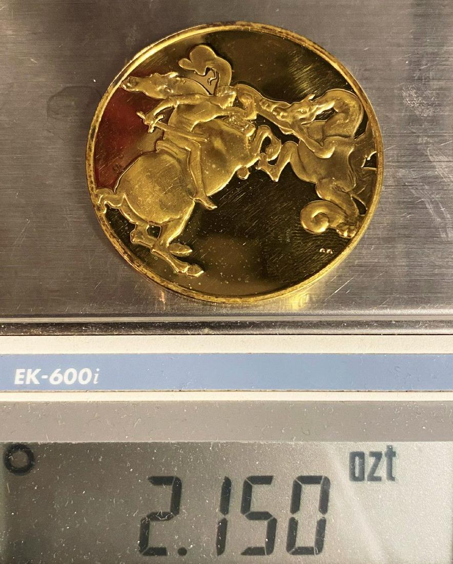 "A Dragon Fight" Huge Sterling Golden Silver Medal: This is a silver sterling medal plated with 24 karat gold. The diameter of this coin is measured to be exactly 2 inches.Winner shall receive the exact coin shown here.